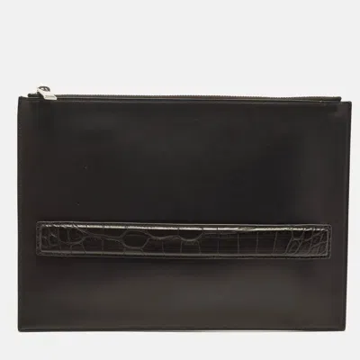 Pre-owned Bottega Veneta Black Leather And Alligator Flat Pouch