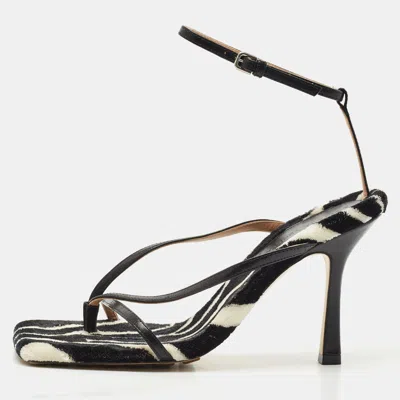 Pre-owned Bottega Veneta Black Leather And Fur Stretch Ankle Strap Sandals Size 37
