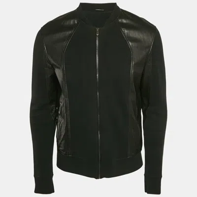 Pre-owned Bottega Veneta Black Leather And Knit Zip-up Jacket Xl