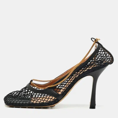 Pre-owned Bottega Veneta Black Leather And Mesh Stretch Ankle Strap Pumps Size 38