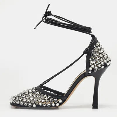 Pre-owned Bottega Veneta Black Leather And Stretch Mesh Wrap Around Pumps Size 38