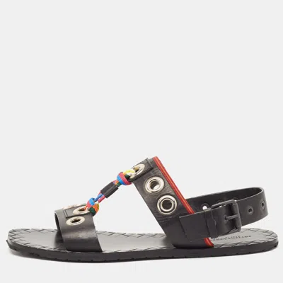 Pre-owned Bottega Veneta Black Leather Grommet Slingback Flat Sandals Size 40