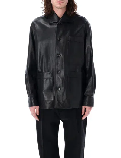 Bottega Veneta Black Leather Shirt Jacket In Multi
