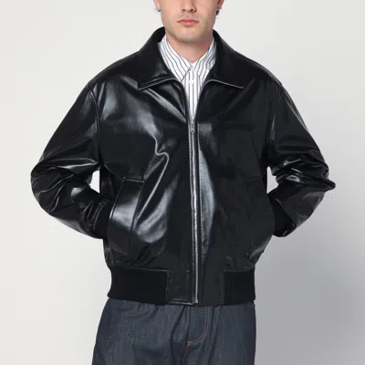 BOTTEGA VENETA BLACK LEATHER ZIP-UP BOMBER