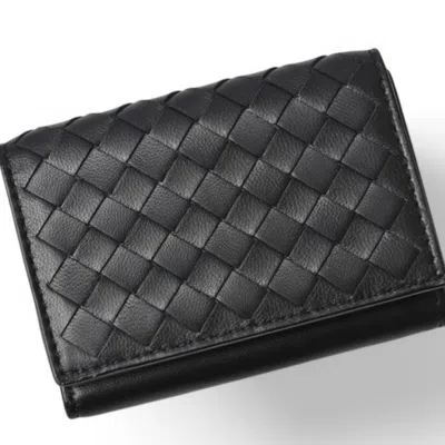 Pre-owned Bottega Veneta Black Light Gray Intrecciato Wallet (tri-fold) ()
