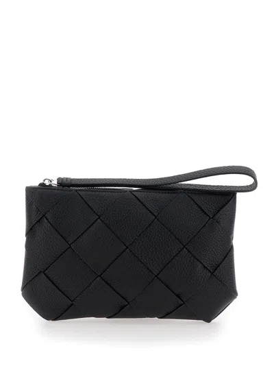 Bottega Veneta Black Medium Clutch With Intreccio Motif In Grained Leather Man In Multicolor