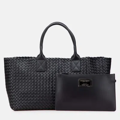 Pre-owned Bottega Veneta Black Medium Lambskin Intreccio Cabat Tote