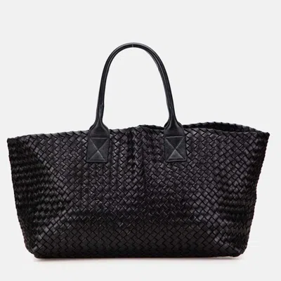 Pre-owned Bottega Veneta Black Medium Lambskin Intreccio Cabat Tote