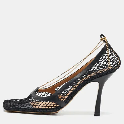 Pre-owned Bottega Veneta Black Mesh And Leather Trim Chain Detail Stretch Square -toe Pumps Size 39