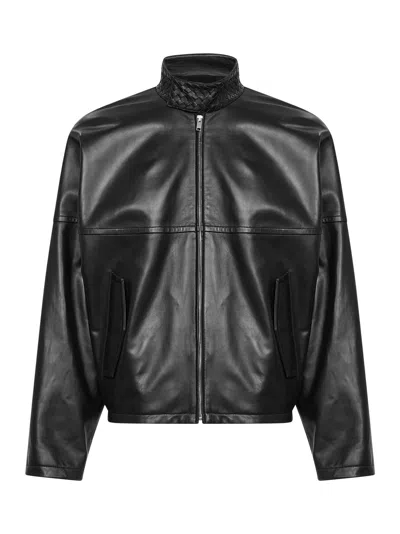 Bottega Veneta Black Nappa Leather Bomber Jacket With Intrecciato Collar