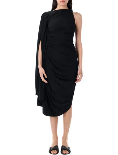 Bottega Veneta Black One-shoulder Draped Midi-dress