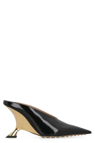 Bottega Veneta Black Pointy Toe Leather Sandals With Mirror Effect Block Heel For Women