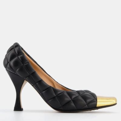 Pre-owned Bottega Veneta Black Quilted Leather Heels With Metal Cap Toe Size Eu 38.5