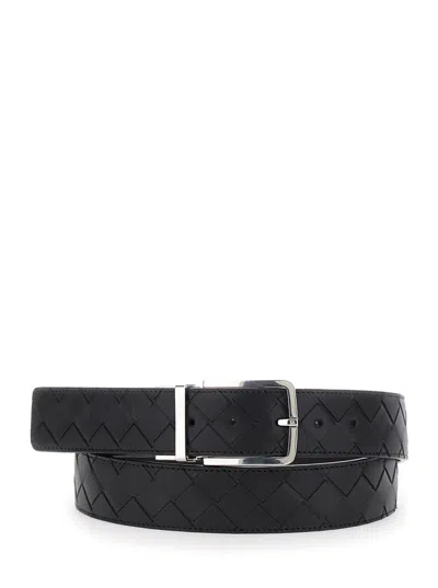 Bottega Veneta Black Reversible Belt With Intreccio Motif In Leather Man In Multicolor