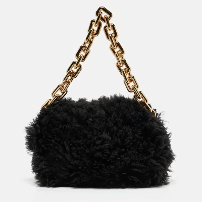 Pre-owned Bottega Veneta Black Shearling Fur Classic The Pouch Chain Clutch