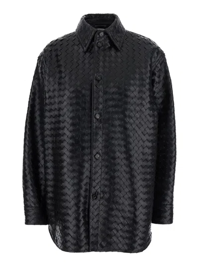 Bottega Veneta Black Shirt With All-over Woven Pattern In Leather Woman In Black
