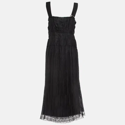 Pre-owned Bottega Veneta Black Silk Blend Pleated Lace Trim Midi Dress L