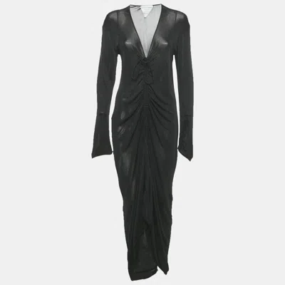 Pre-owned Bottega Veneta Black Stretch Knit Ruche Midi Dress S