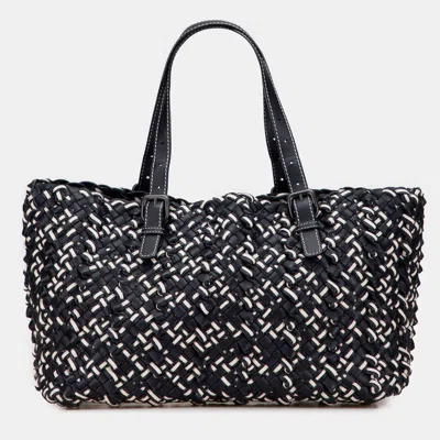 Pre-owned Bottega Veneta Black White Large Leather Intrecciato Lido Tote