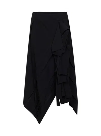 Bottega Veneta Black Wool Asymmetric Midi Skirt With Ruffles