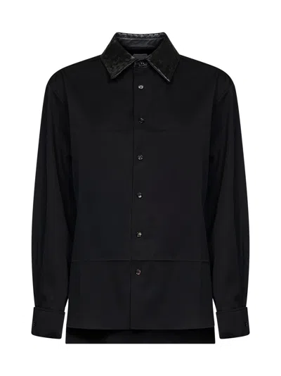 Bottega Veneta Black Wool Shirt With Intrecciato Leather Collar