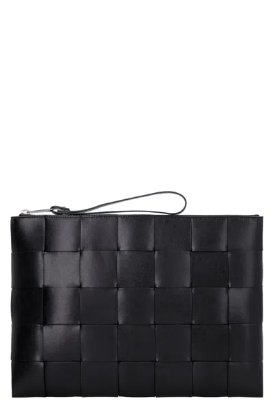 Bottega Veneta Black Woven Leather Pouch Handbag For Men