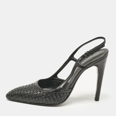 Pre-owned Bottega Veneta Black Woven Leather Slingback Sandals Size 37.5