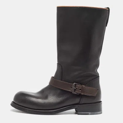 Pre-owned Bottega Veneta Black/brown Leather Buckle Detail Mid Calf Boots Size 36.5