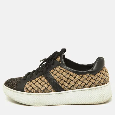 Pre-owned Bottega Veneta Black/gold Woven Fabric And Leather Low Top Trainers Size 39.5