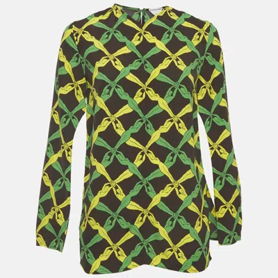 Pre-owned Bottega Veneta Black/green Printed Crepe Blouse Xs