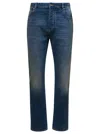 BOTTEGA VENETA BLUE 5-POCKET STYLE FITTED JEANS WITH GREEN PATCH IN COTTON DENIM WOMAN