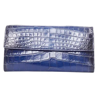 Pre-owned Bottega Veneta Blue Black Ombre Genuine Scaled Leather Long Flap Wallet