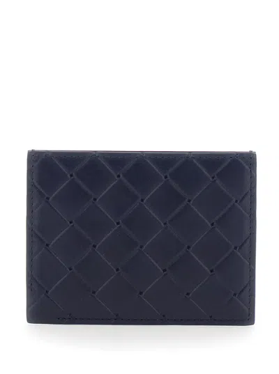 Bottega Veneta Blue Card Holder With Intreccio Motif And Embossed Logo In Leather Man In Multicolor