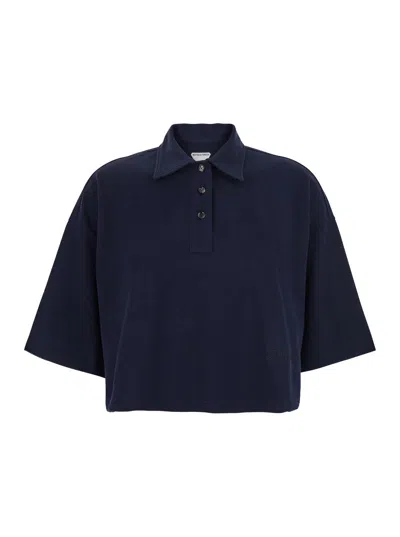 BOTTEGA VENETA BOTTEGA VENETA WOMEN BLUE CROPPED POLO SHIRT WITH EMBROIDERED LOGO IN COTTON PIQUET WOMAN