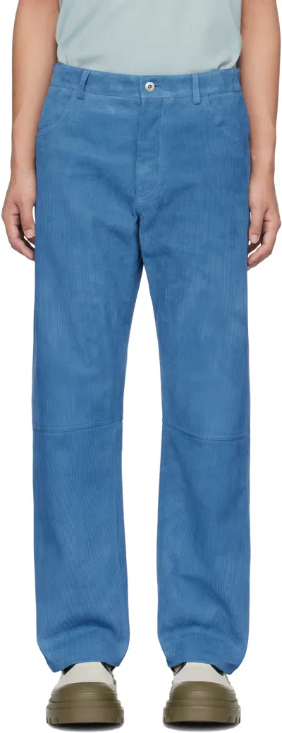 Bottega Veneta Blue Embossed Corduroy Suede Trousers In 4185 Aegean Blue