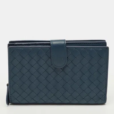 Pre-owned Bottega Veneta Blue Intrecciato Leather French Wallet
