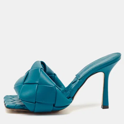 Pre-owned Bottega Veneta Blue Intrecciato Leather Lido Slide Sandals Size 36