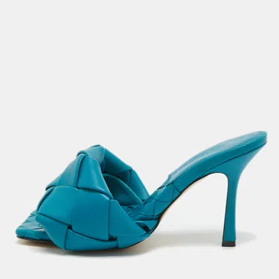 Pre-owned Bottega Veneta Blue Intrecciato Leather Lido Slide Sandals Size 38