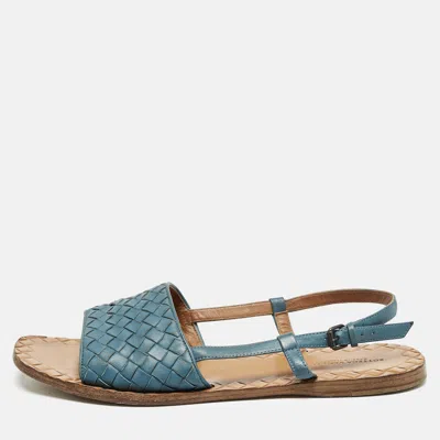 Pre-owned Bottega Veneta Blue Intrecciato Leather Slingback Open Toe Flat Sandals Size 39.5