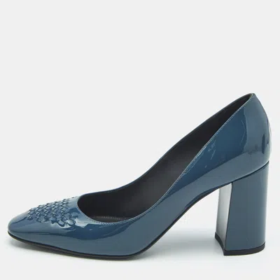 Pre-owned Bottega Veneta Blue Intrecciato Patent Leather Block Heel Pumps Size 36.5