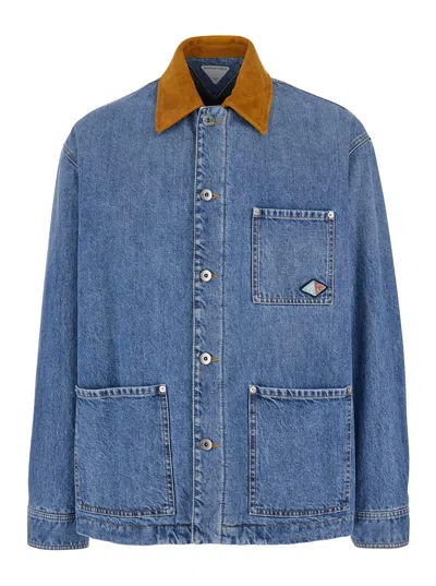 Bottega Veneta Blue Jacket With Suede Collar And Logo Patch In Denim Man In Multicolor