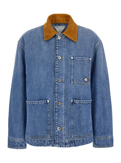 Bottega Veneta Blue Jacket With Suede Collar And Logo Patch In Denim Woman