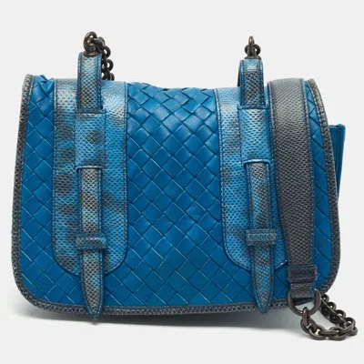 Pre-owned Bottega Veneta Blue Karung And Leather Flap Shoulder Bag