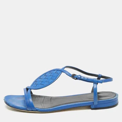 Pre-owned Bottega Veneta Blue Leather Ankle Strap Flat Sandals Size 39