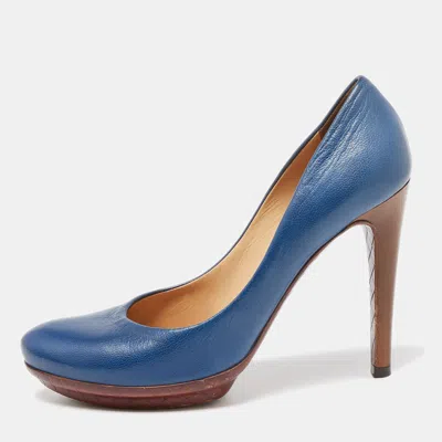 Pre-owned Bottega Veneta Blue Leather Round Toe Platform Pumps Size 37.5