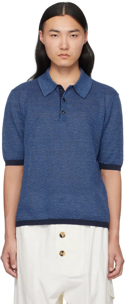Bottega Veneta Blue Linen Chevron Knit Polo In 4443