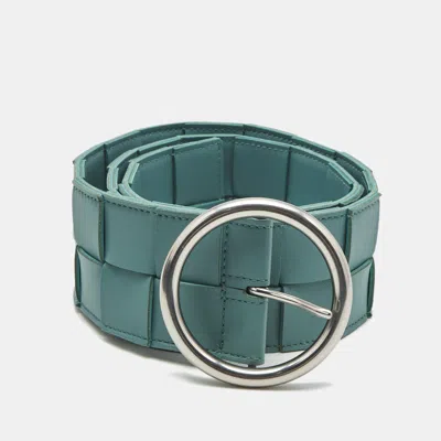 Pre-owned Bottega Veneta Blue Maxi Intrecciato Leather Wide Waist Belt 80 Cm
