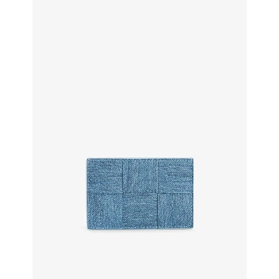 Bottega Veneta Intrecciato-woven Denim-print Leather Card Holder In Blue Me/blu Me/ice-g
