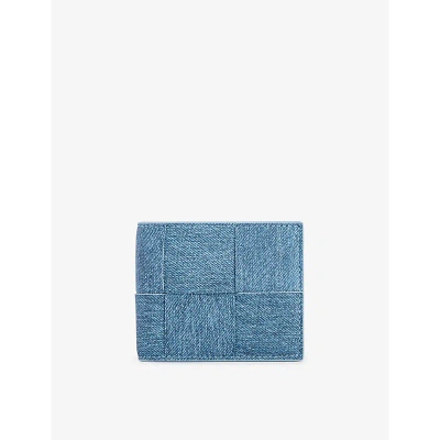 Bottega Veneta Intrecciato-woven Denim-print Leather Wallet In Sky Blue