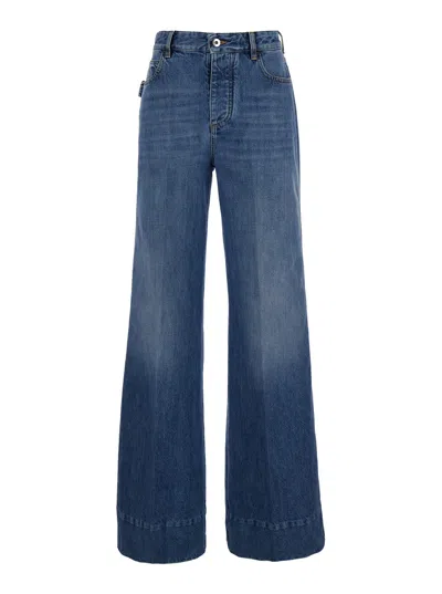 BOTTEGA VENETA BOTTEGA VENETA WOMEN BLUE PALAZZO PANTS WITH LOGO PATCH IN DENIM WOMAN